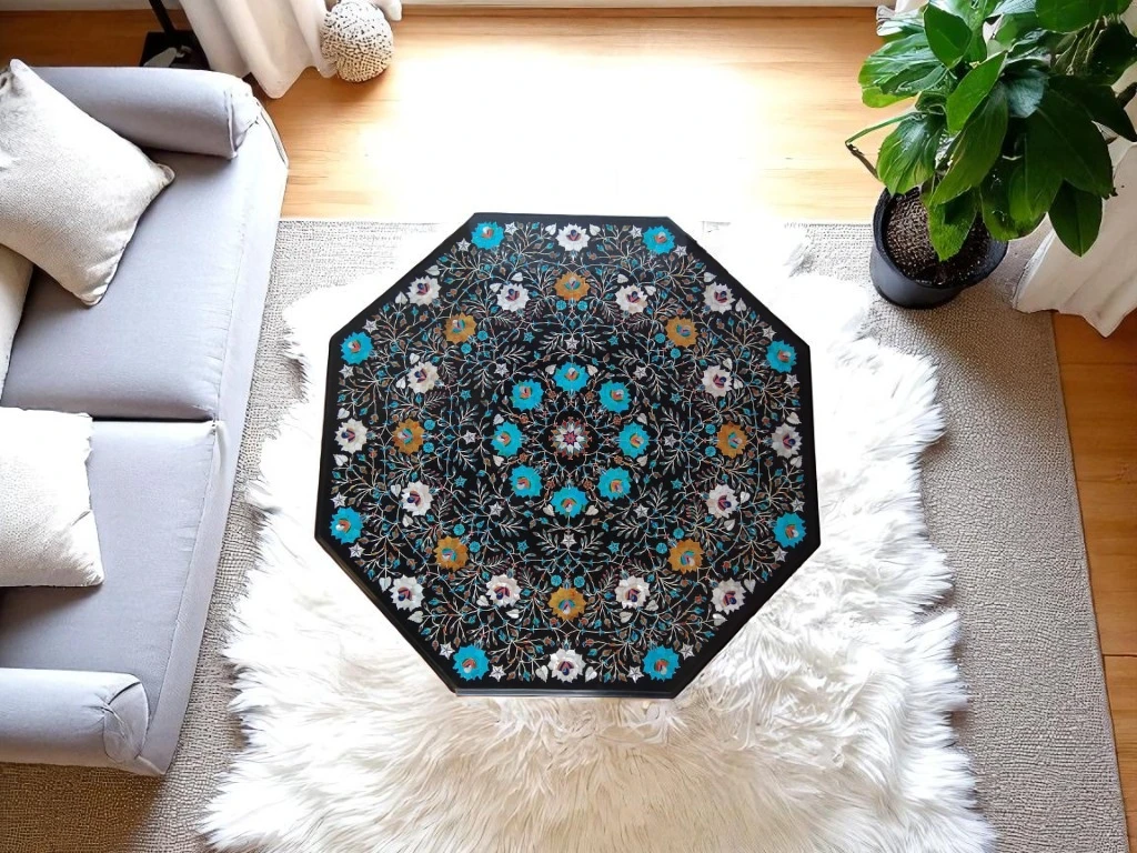 Luxury Black Marble Coffee Table with Floral Pietra Dura Inlay